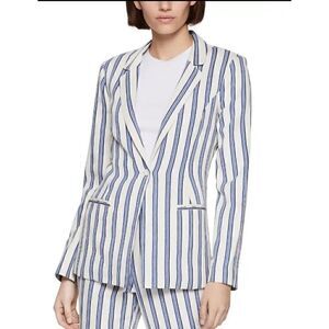 BCBGENERATION Cotton Blend White/Blue Striped 1-Button Blazer M